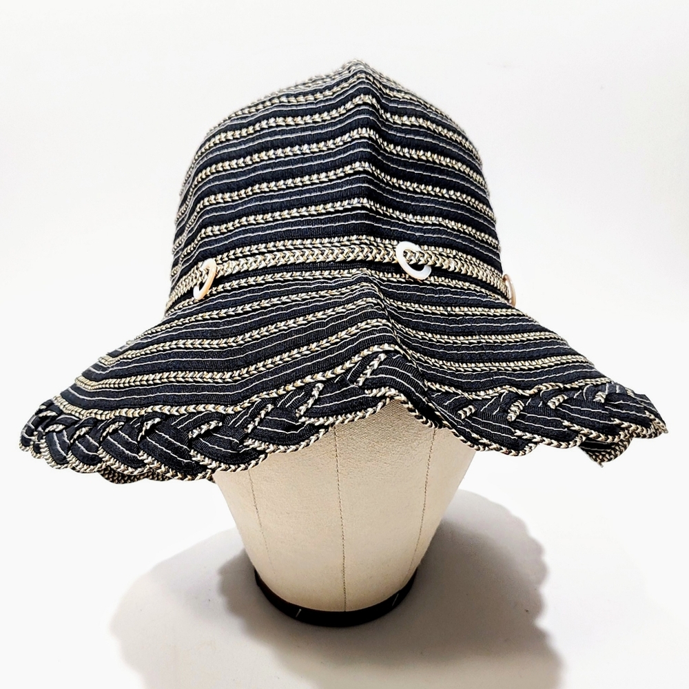 Jeanne Simmons Women's Classic Sun Hat Braid Striped Bucket Wide Brim Black Tan